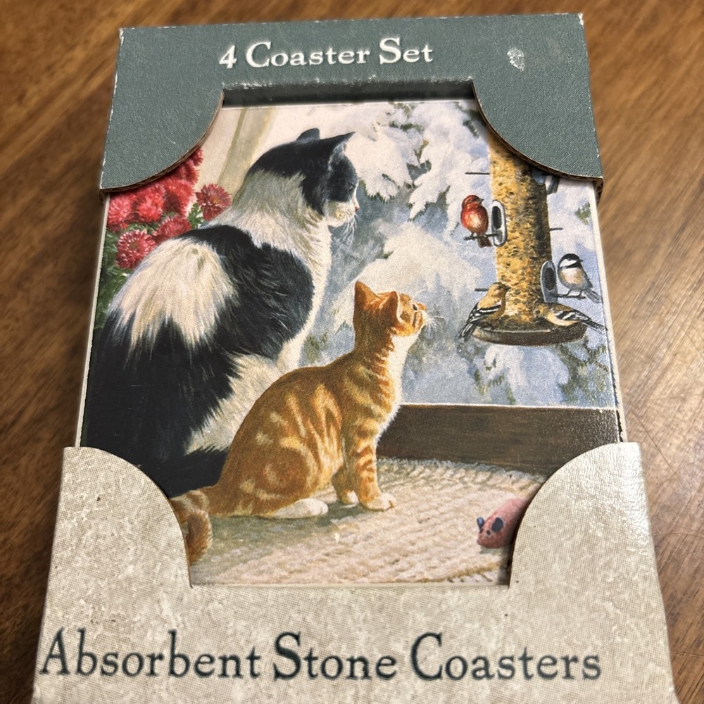 Absorbent Stone Square Coasters Set of 4 Cat Kitties Kitty‎ Watching Birds NWT